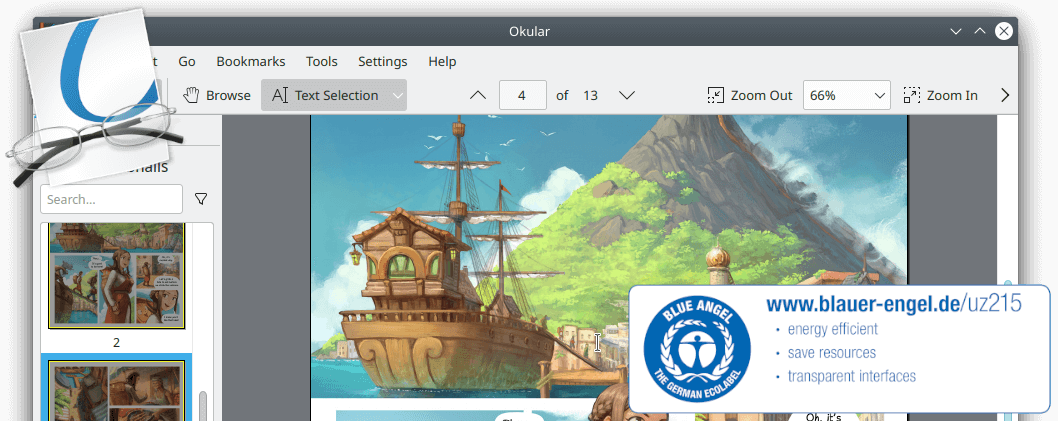 Okular, KDE’s popular multi-platform PDF reader and universal document viewer, was awarded the Blue Angel ecolabel in March 2022. (Image from KDE published under a <a href="https://spdx.org/licenses/CC-BY-4.0.html">CC-BY-4.0</a> license.)