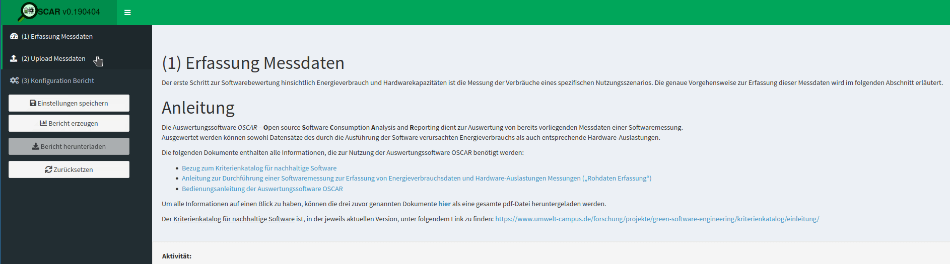 Oscar screenshot with the first step of obtaining measurement data (German: "Erfassung Messdaten").