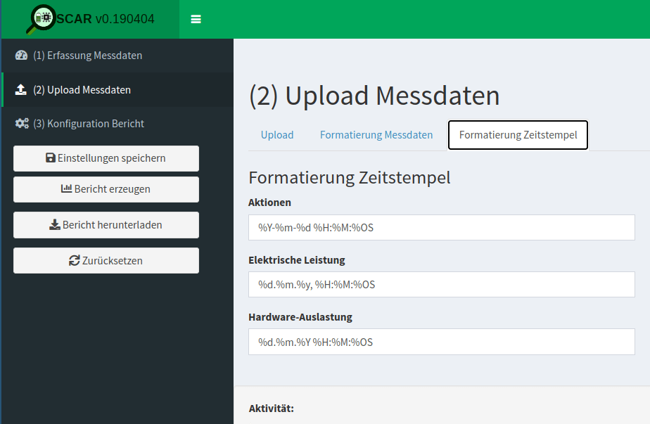 Oscar screenshot for uploading the measurement data where one specifies the format of the timestamp (German: &quot;Formatierung Zeitstempel&quot;).