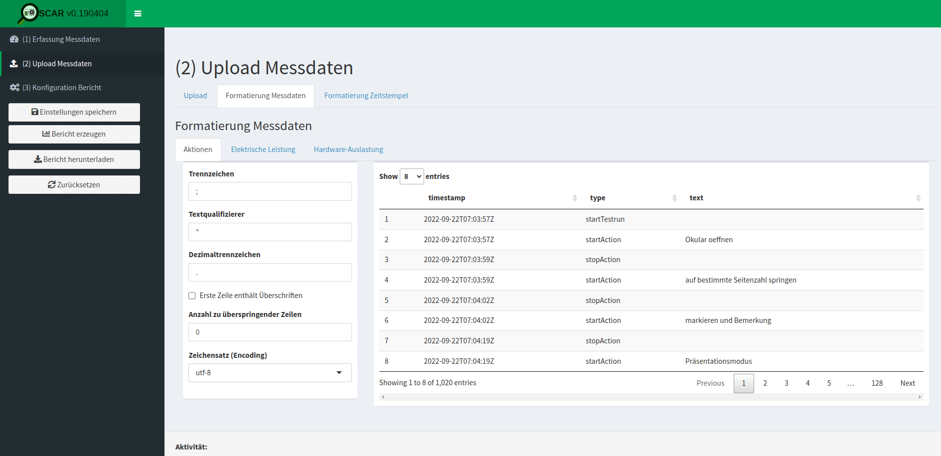 Oscar screenshot for the log file of actions (German: "Aktionen") where one specifies the format of the measurement data (German: "Formatierung Messdaten").