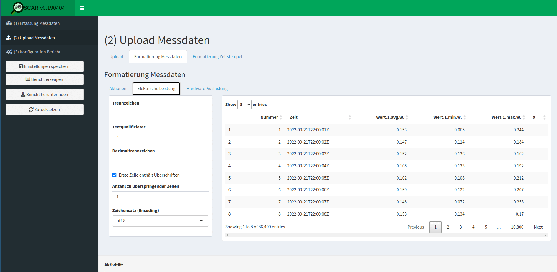 Oscar screenshot for the energy consumption measurements (German: "Elektrische Leistung") where one specifies the format of the measurement data (German: "Formatierung Messdaten").