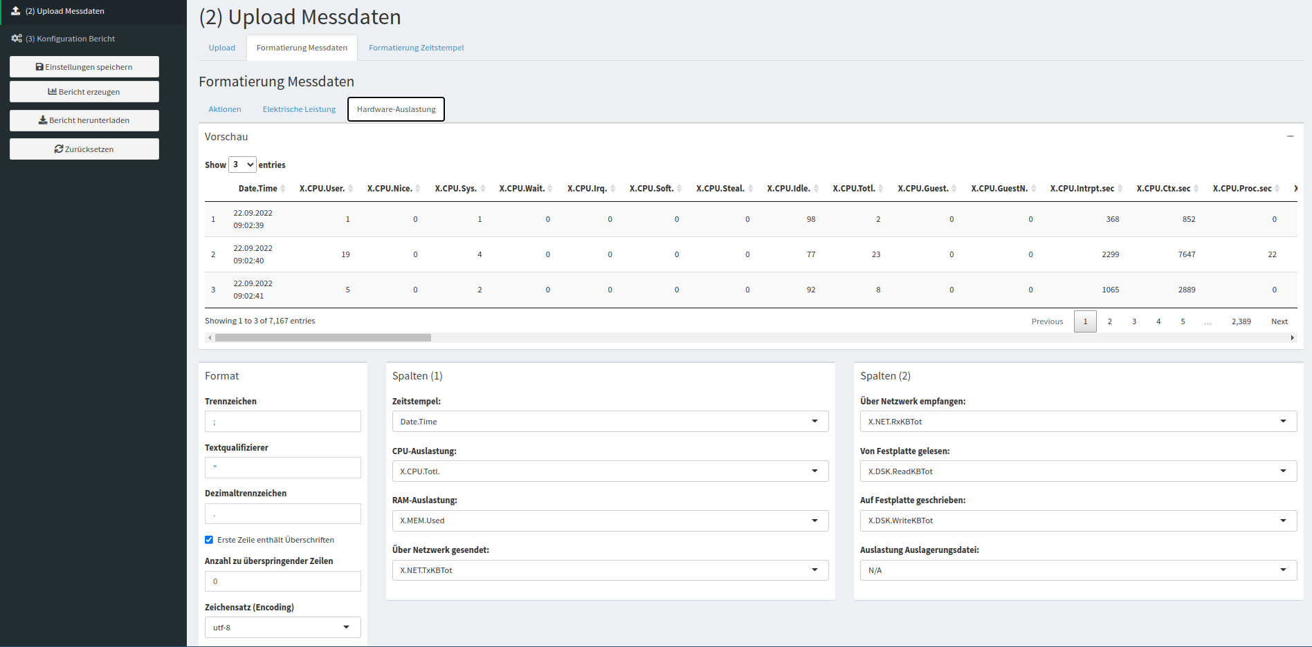 Oscar screenshot for the energy consumption measurements (German: "Hardware-Auslastung") where one specifies the format of the measurement data (German: "Formatierung Messdaten").