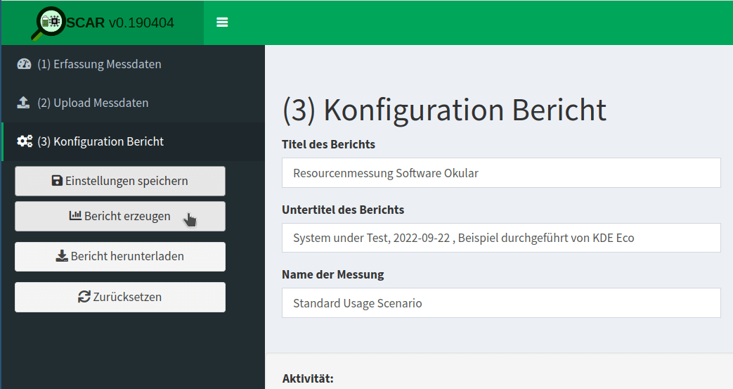 Oscar screenshot for generating the report (German: "Bericht erzeugen").